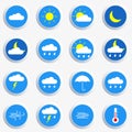 Weather icon set. Colorful weather forecast symbols: clouds, sun, moon, rain. Vector illustration. Royalty Free Stock Photo